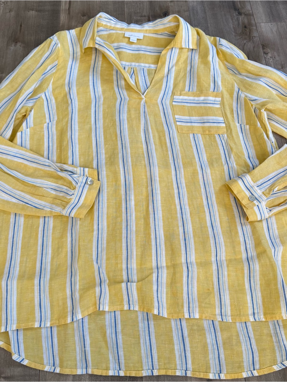 J Jill Love Linen Pullover Collared Shirt Yellow Stripe Large Preppy Boat Tunic - Picture 2 of 8